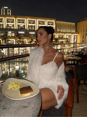 New White Feathered Spaghetti Strap Mini Dress